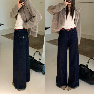 深蓝色拖地植绒阔腿牛仔裤女欧洲站2026秋季新款欧货女装直筒裤潮