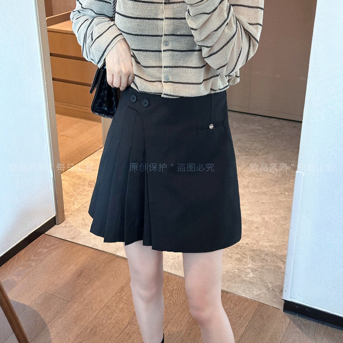 贝壳扣A字百褶西装半身裙女欧货
