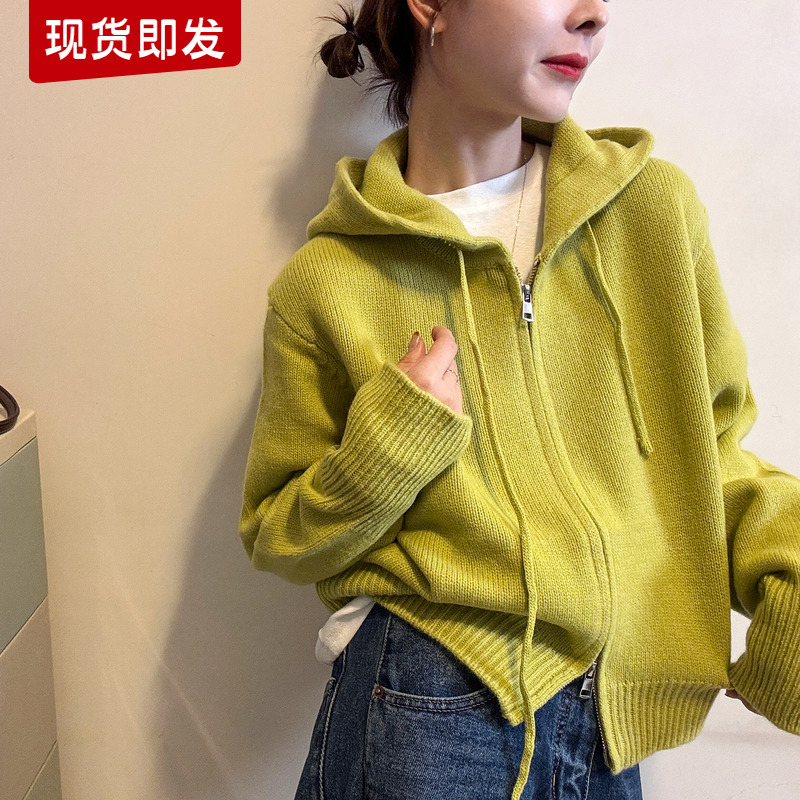 复古连帽山羊绒针织开衫女欧洲站