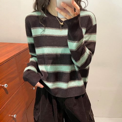 撞色条纹桑蚕丝山羊绒针织衫欧货