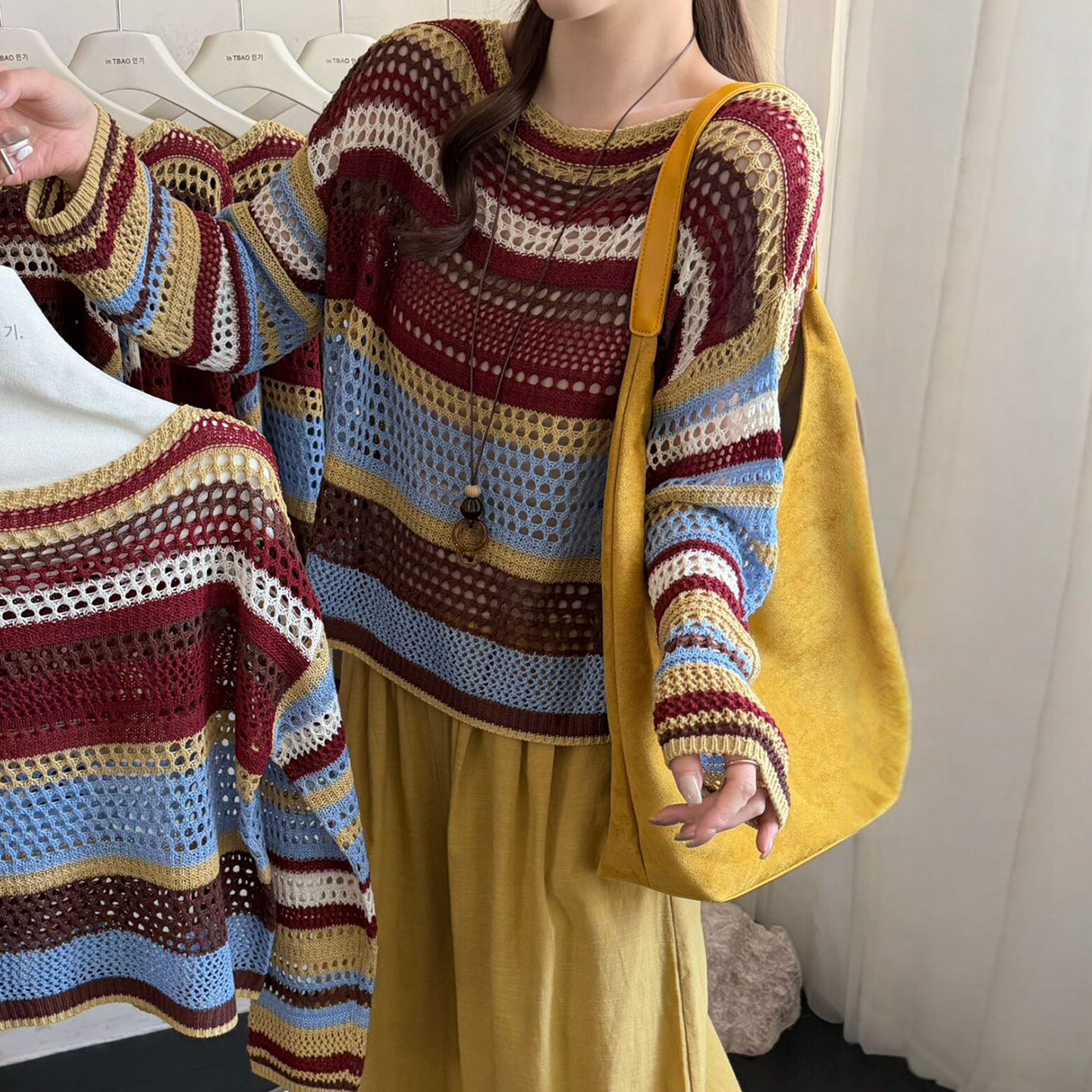 彩色条纹镂空钩花针织衫女欧洲站