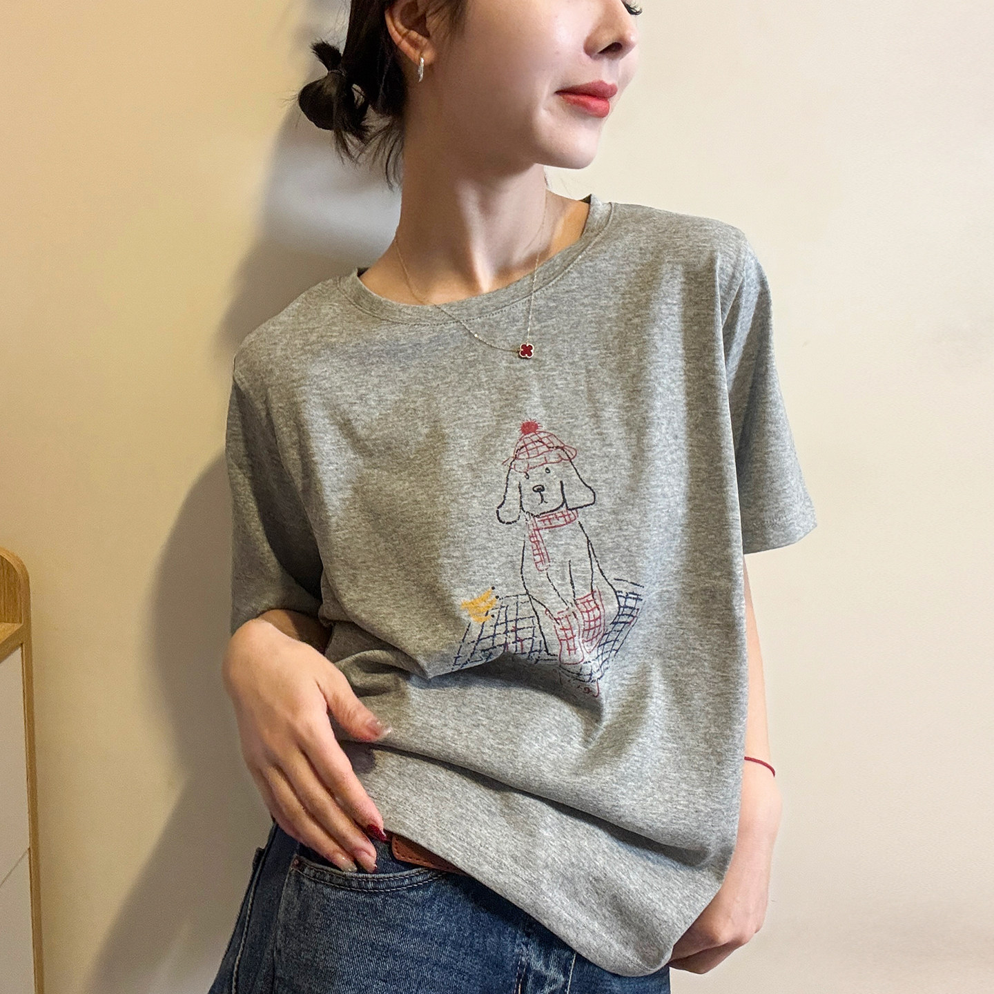 小狗印花修身短袖T恤女欧洲站2026春装新款欧货女装时尚打底衫潮