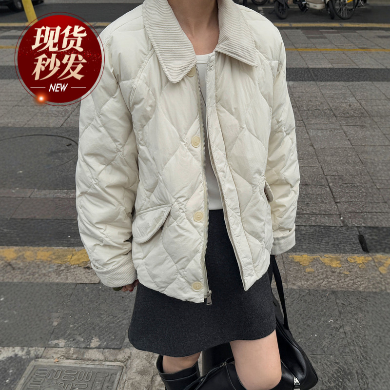 菱形格翻领白鸭绒羽绒服女欧洲站