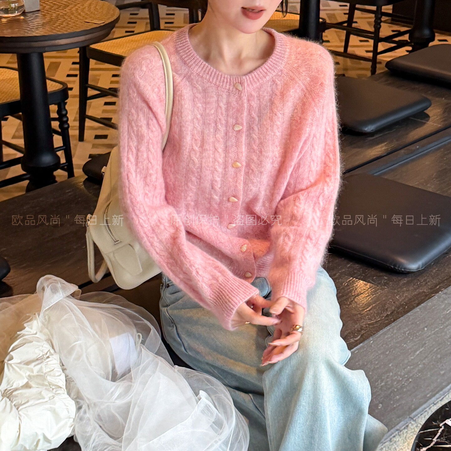 100%绵羊毛麻花纹拉绒针织开衫女欧洲站2026秋季新款欧货女装毛衣