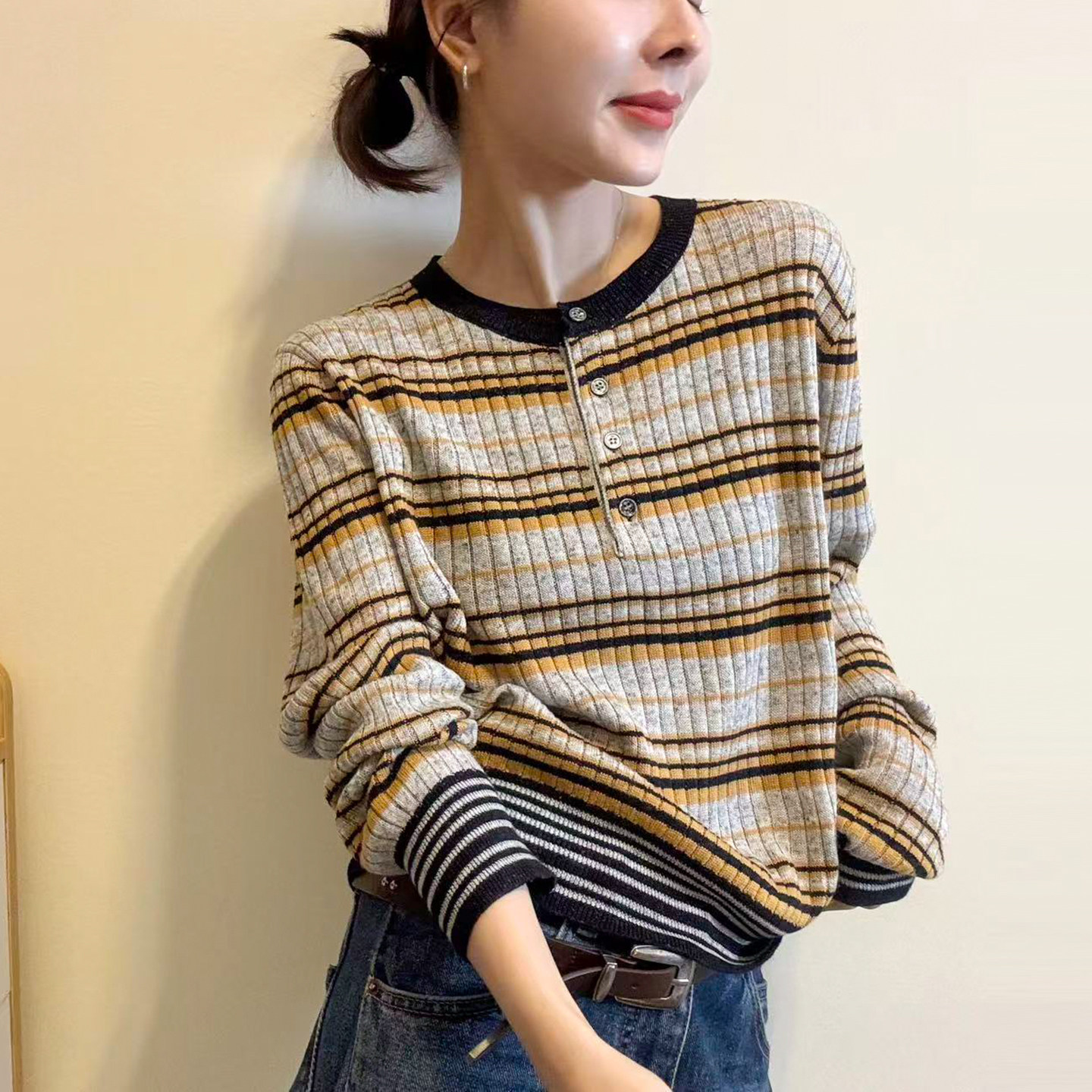 撞色条纹羊毛针织衫女欧洲站毛衣