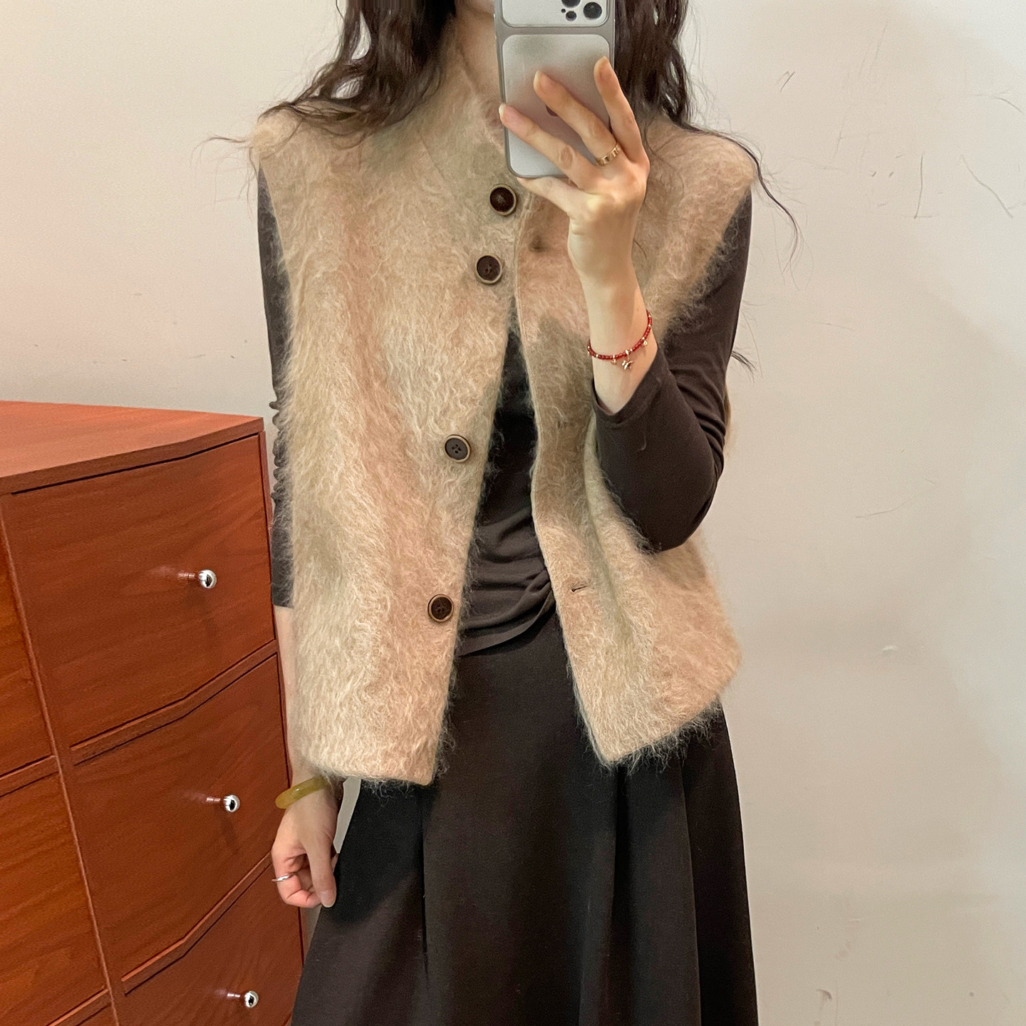 复古立领山羊绒拉毛马甲外套女潮