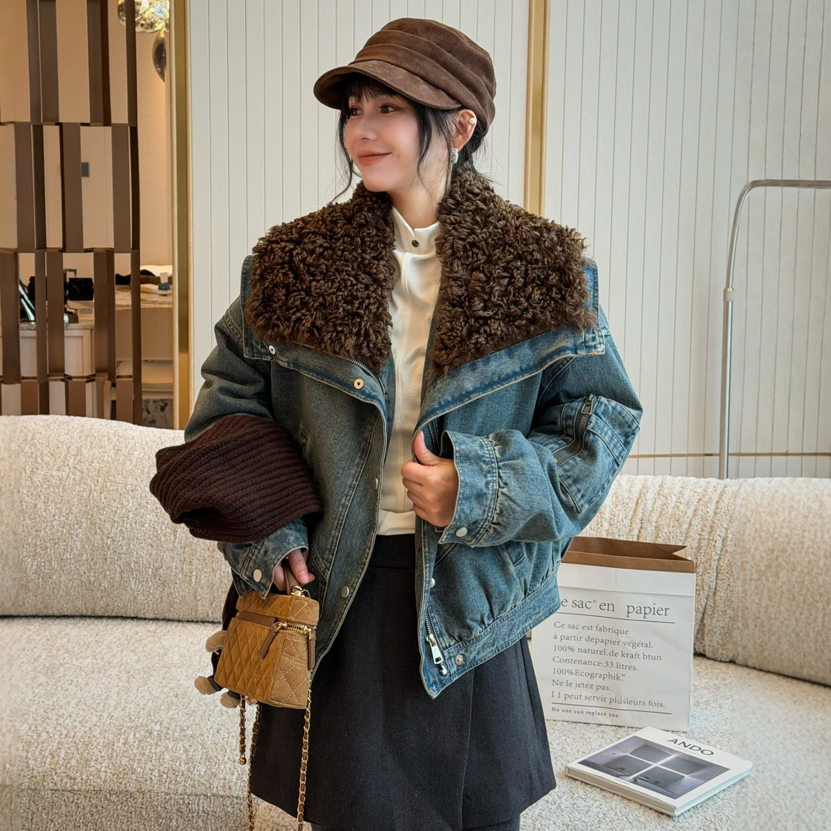 羊羔毛领牛仔羽绒服女欧洲站外套