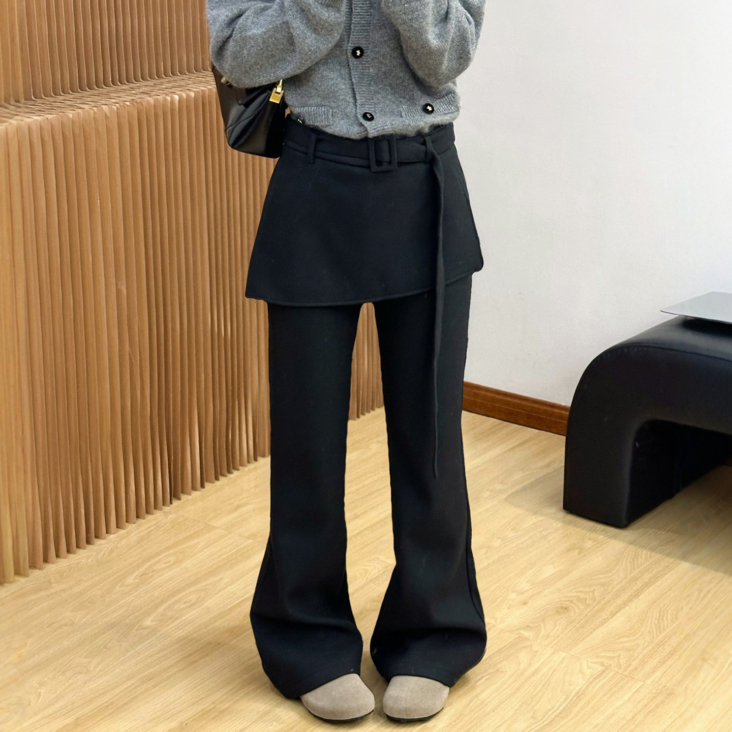 假两件拖地加绒微喇裤女欧货上衣