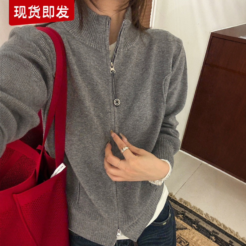 双拉链立领羊毛针织开衫女欧洲站