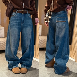 阔腿裤 立体剪裁复合加绒牛仔裤 欧货女装 新款 子潮 女欧洲站2025冬装