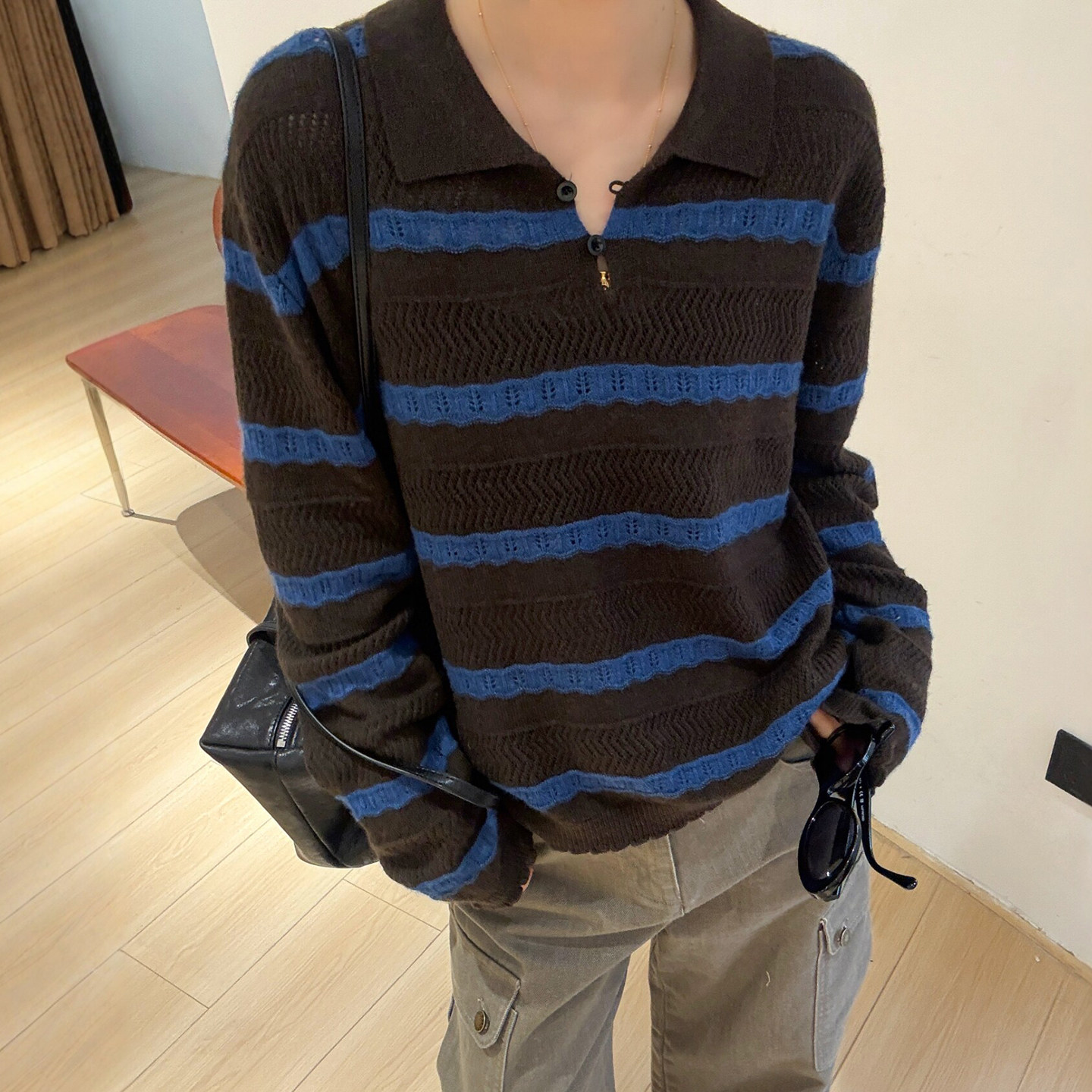 POLO领镂空条纹羊毛针织衫欧洲站