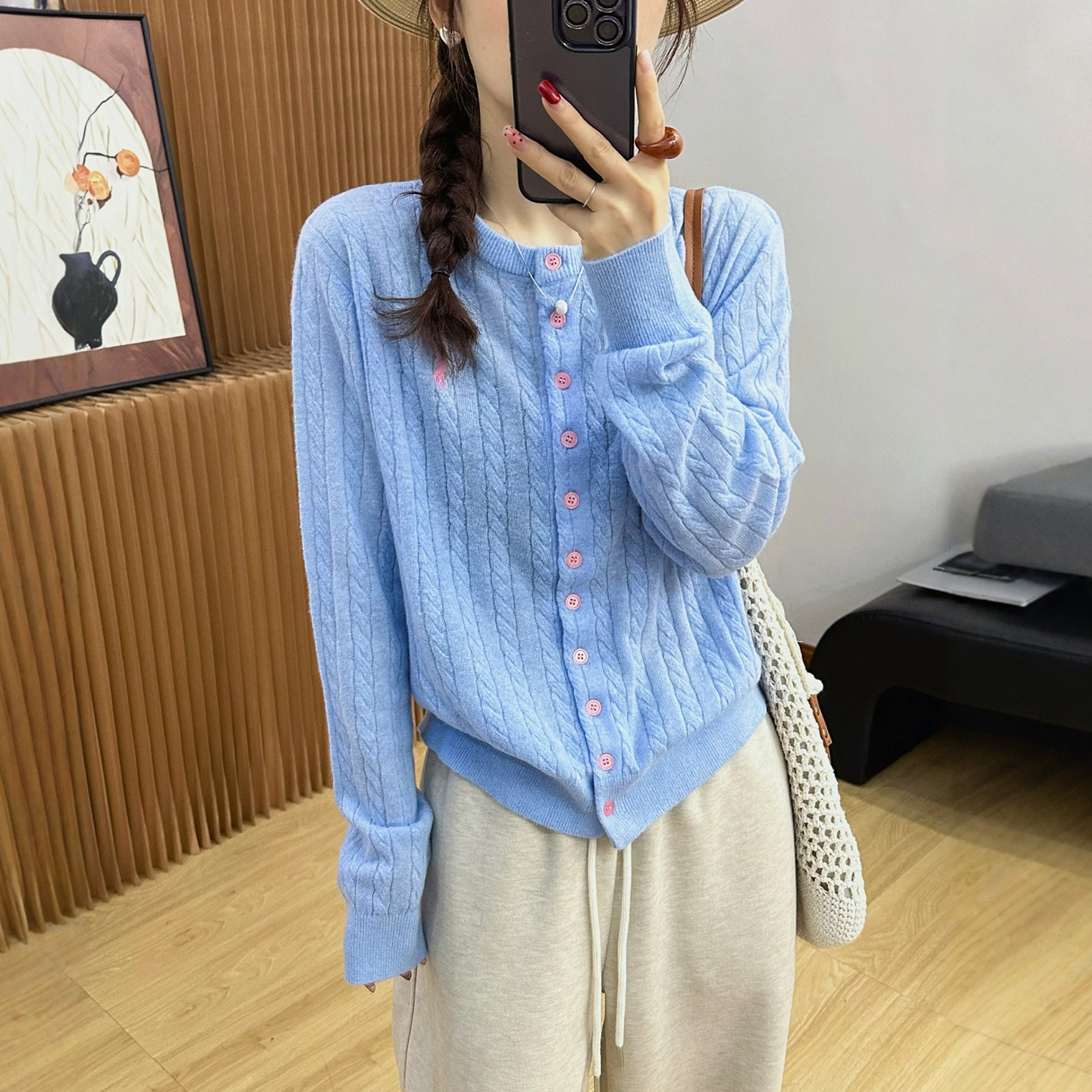 麻花纹水溶羊绒针织开衫女欧洲站2026春装新款欧货女装打底小衫潮,女装/女士精品,毛针织衫,淘宝优惠券,粉丝福利购,淘宝优惠卷