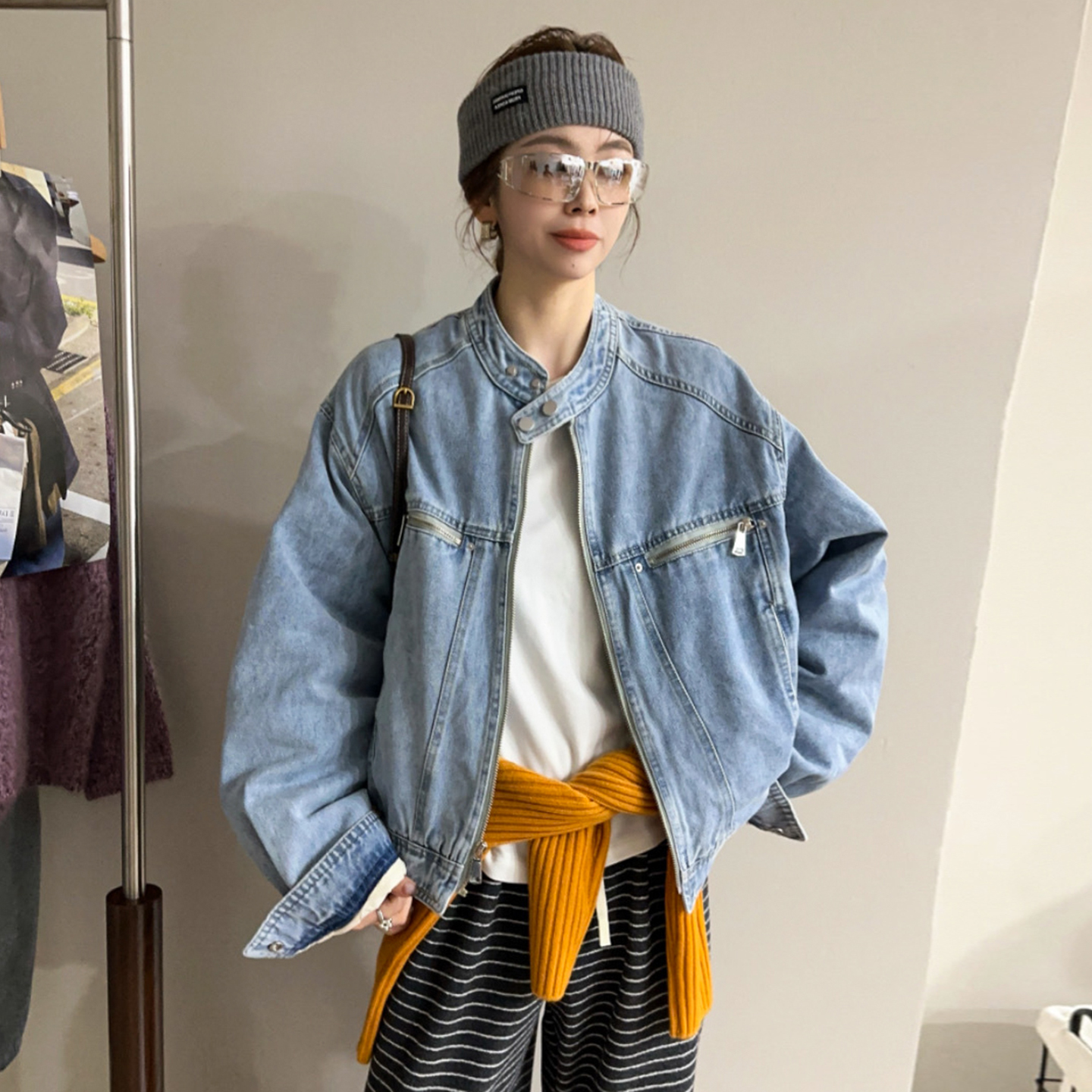 棒球领牛仔羽绒服外套女欧洲站潮