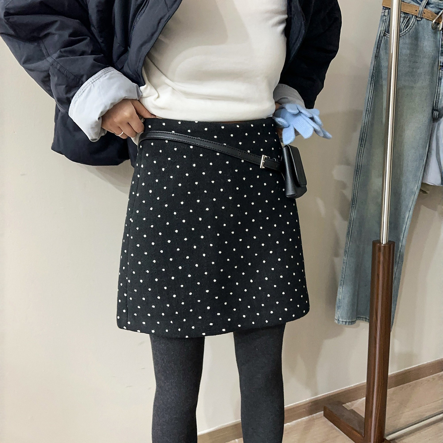 羊毛呢波点A字半身裙女欧货裙子