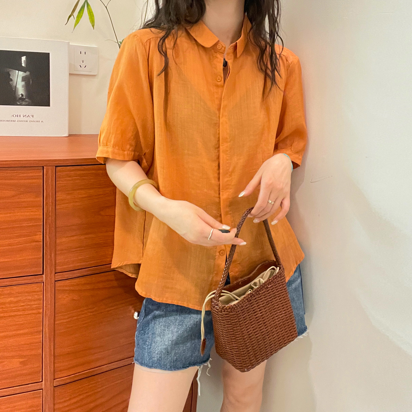 泡泡袖翻领苎麻短袖衬衫女欧洲站