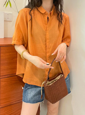 泡泡袖翻领苎麻短袖衬衫女欧洲站