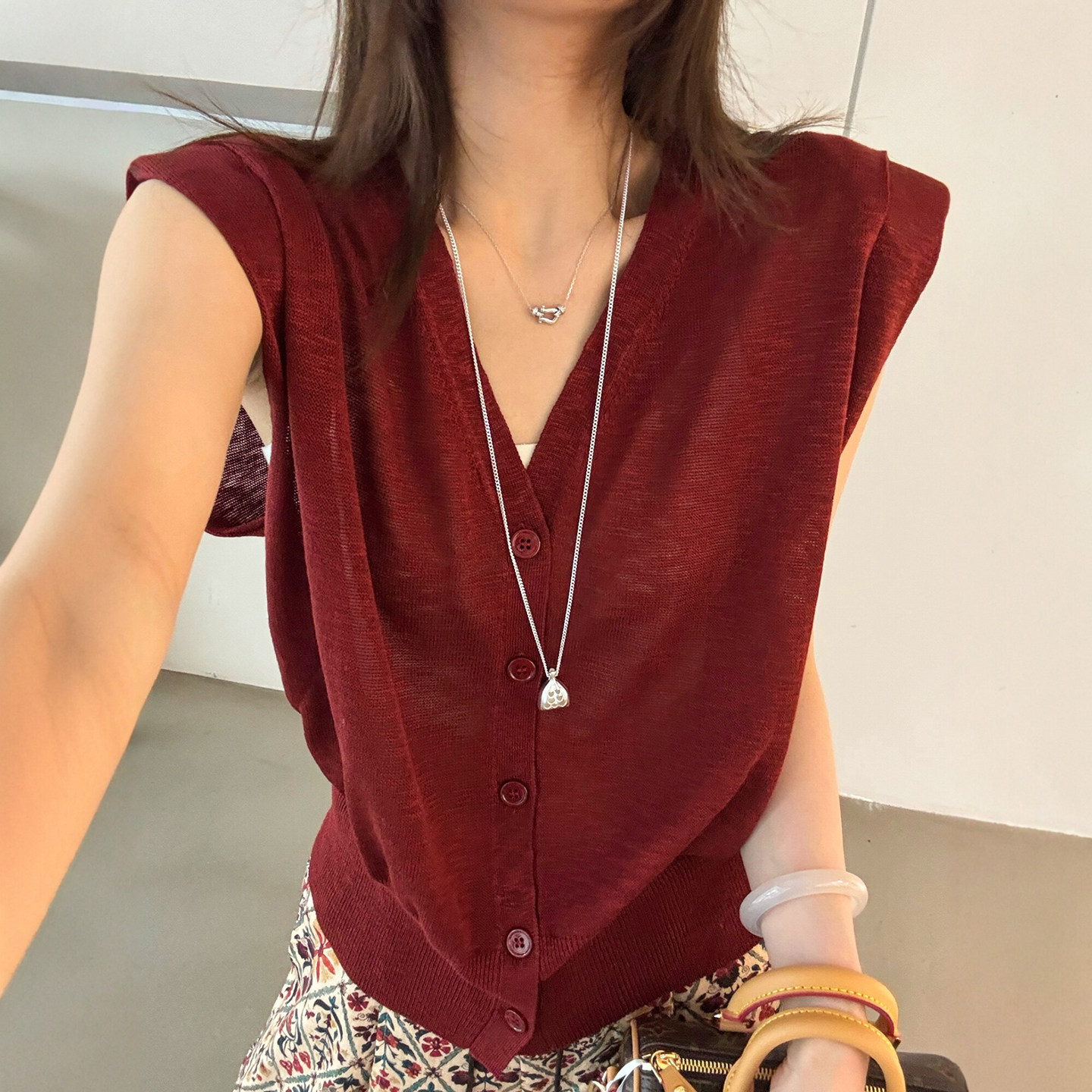 小飞袖V领冰丝针织开衫女欧洲站