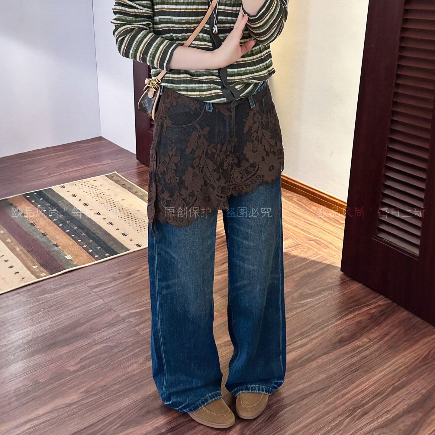 假两件蕾丝屁帘阔腿牛仔裤女欧货