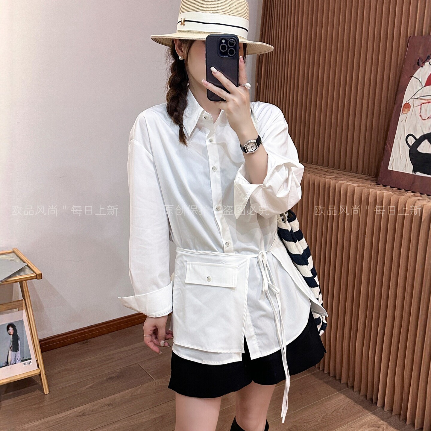 配腰封POLO领休闲衬衫女欧货上衣