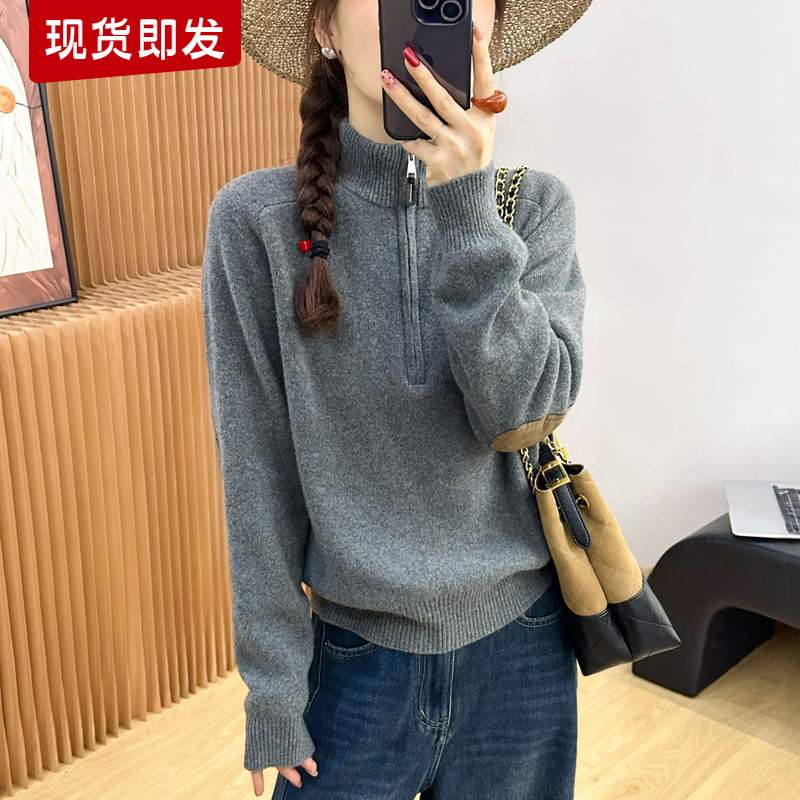 100全羊毛拉链高领针织衫女欧货