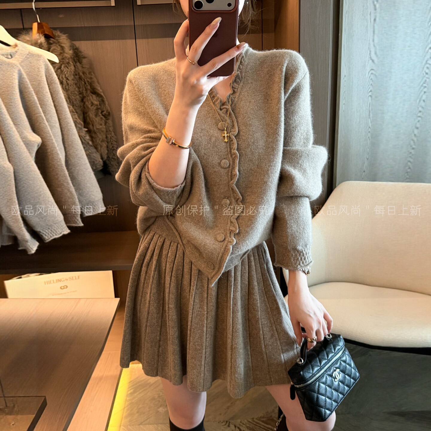 木耳边绵羊毛针织开衫女欧货外套