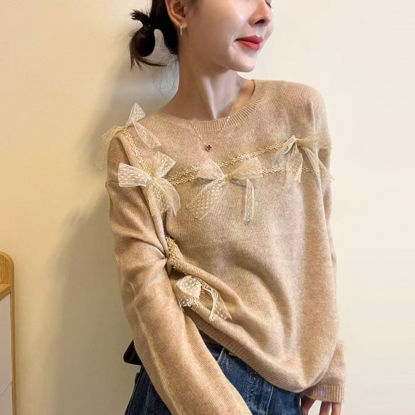 蕾丝蝴蝶结羊毛针织衫女欧洲站潮