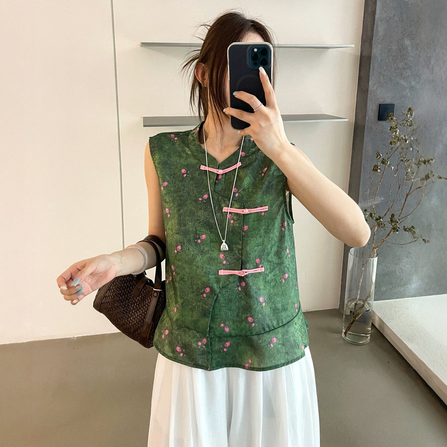 新中式国风盘扣印花衬衫女欧洲站