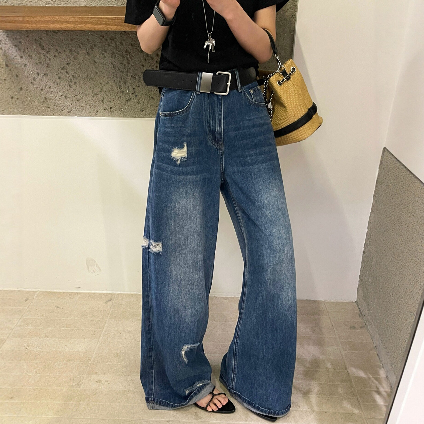 配腰带拖地破洞阔腿牛仔裤女欧洲站2026夏装新款欧货女装直筒裤潮