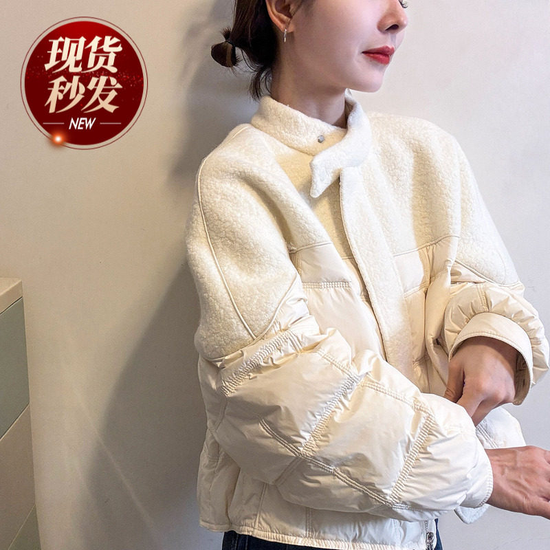棒球领羊绒毛呢羽绒服女欧洲站2025冬装新款欧货女装白鸭绒外套潮