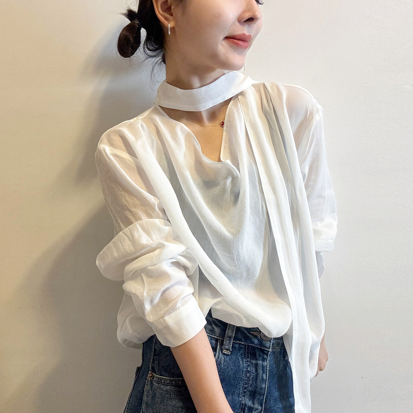 复古飘带V领休闲衬衫女欧货小衫
