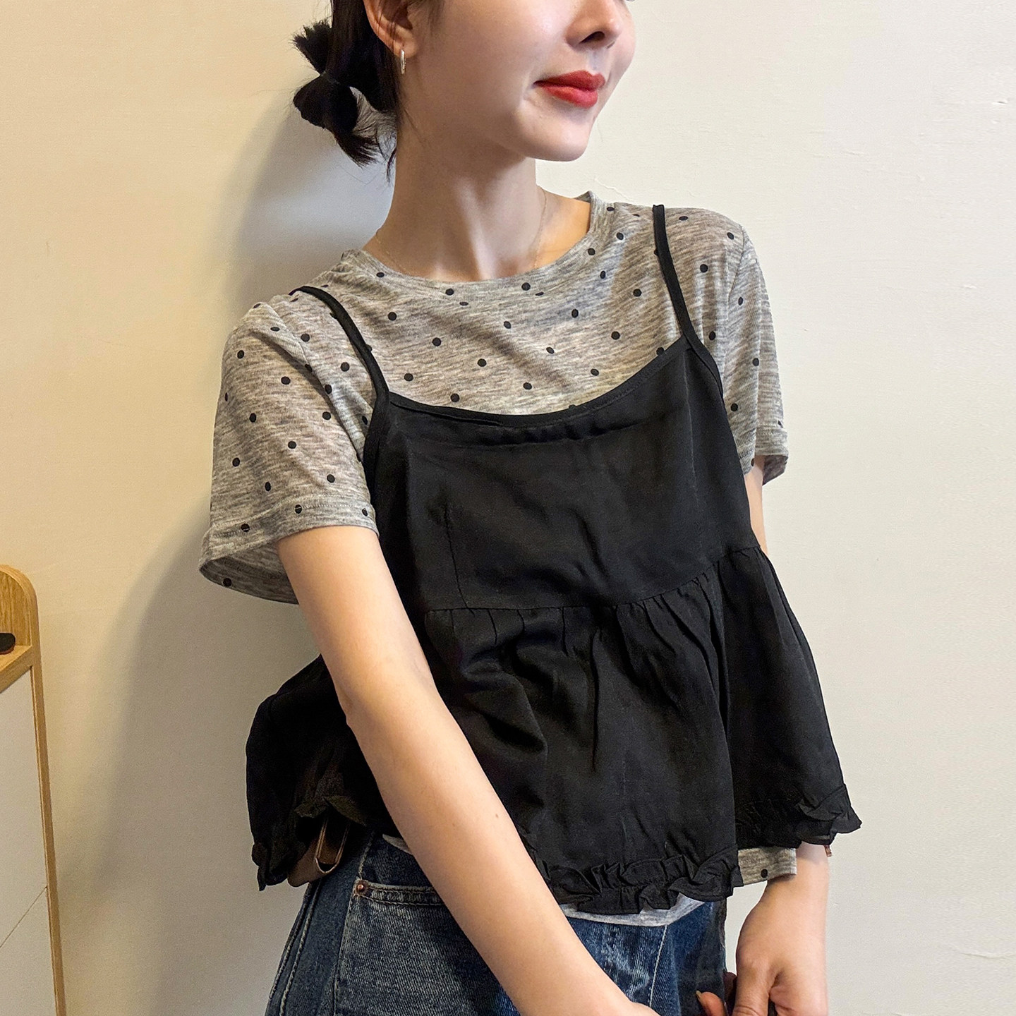 撞色波点短袖T恤吊带两件套上衣女欧洲站2026春装新款欧货女装潮