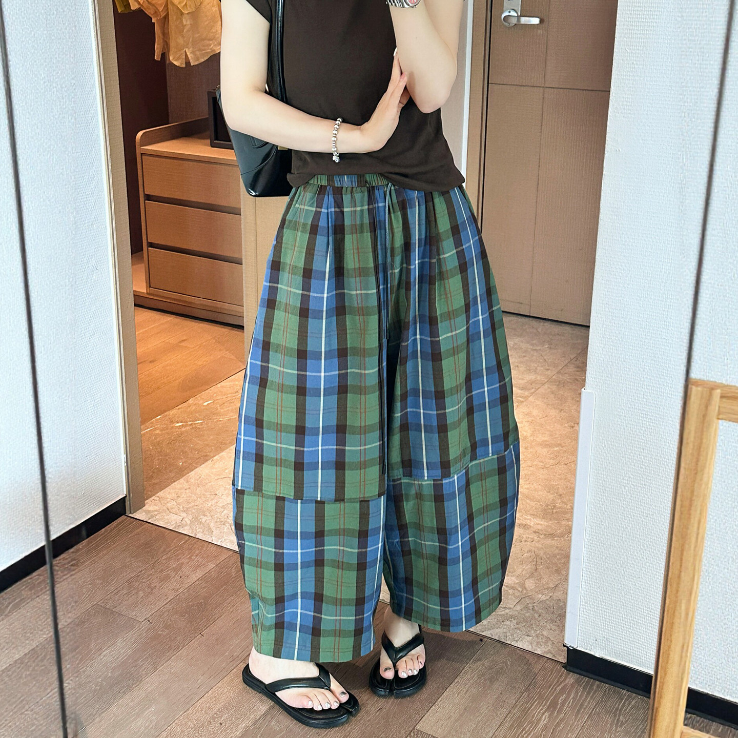 撞色格子九分气球阔腿裤女欧洲站