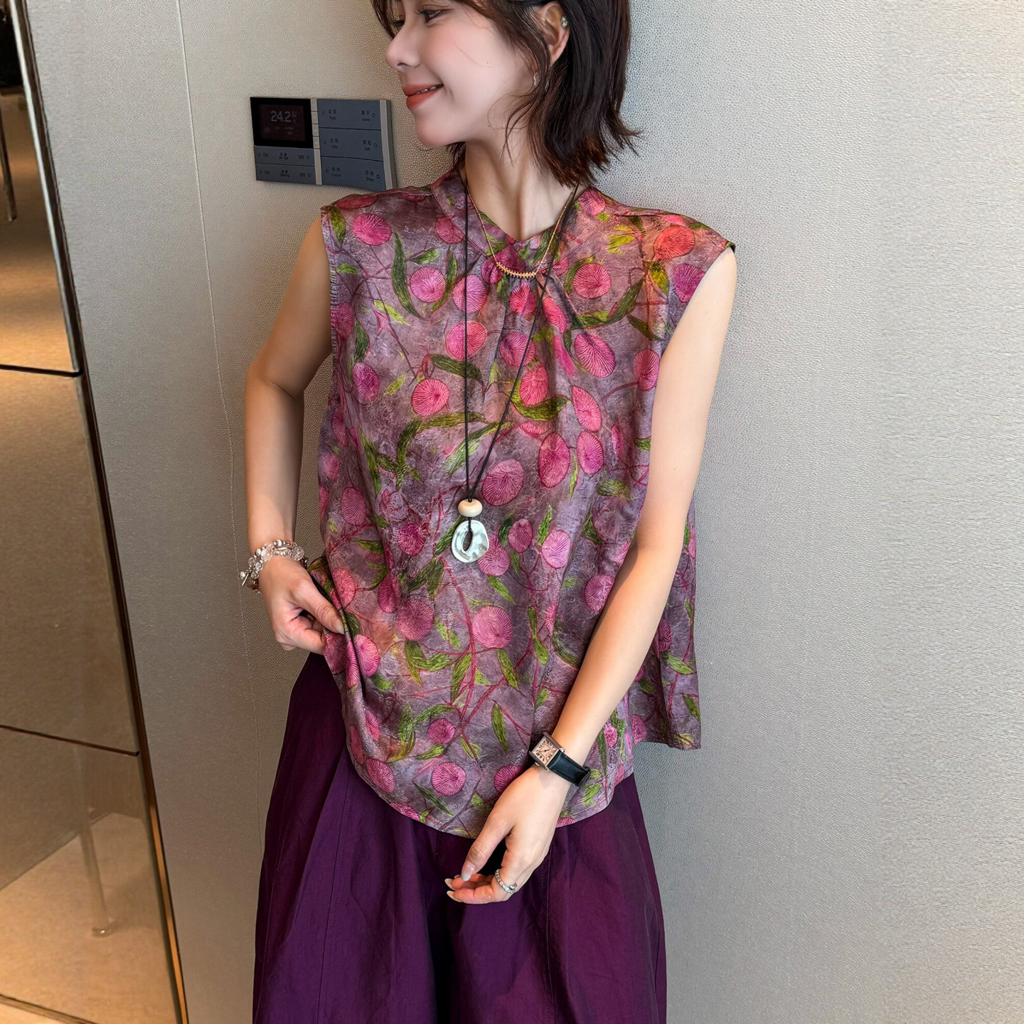 新中式国风水彩印花衬衫女欧洲站2026夏季新款欧货女装无袖上衣潮