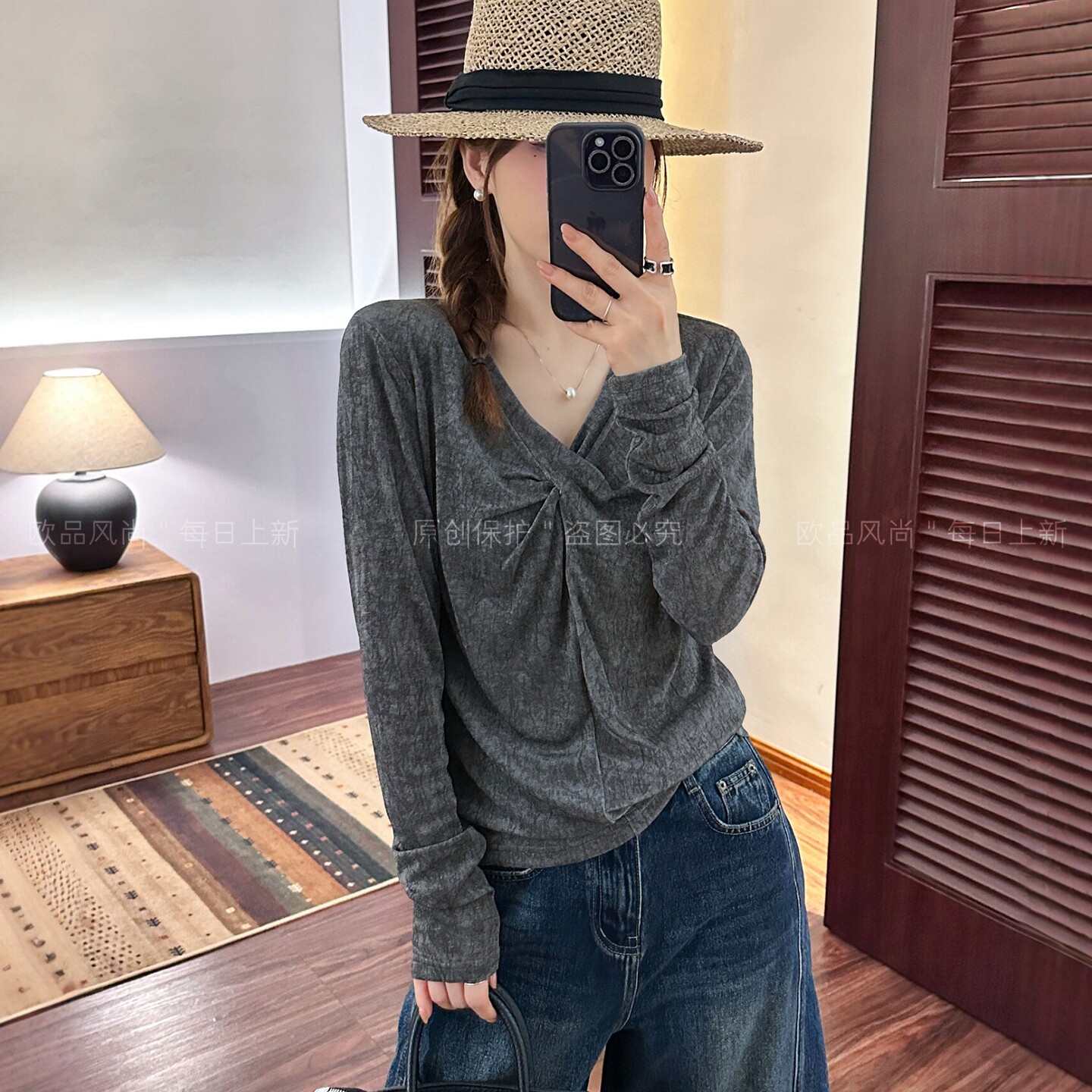 不规则扭结V领长袖T恤女欧洲站