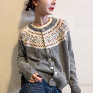 欧货女装 新款 毛衣短外套潮 女欧洲站2025冬装 复古提花羊毛针织开衫
