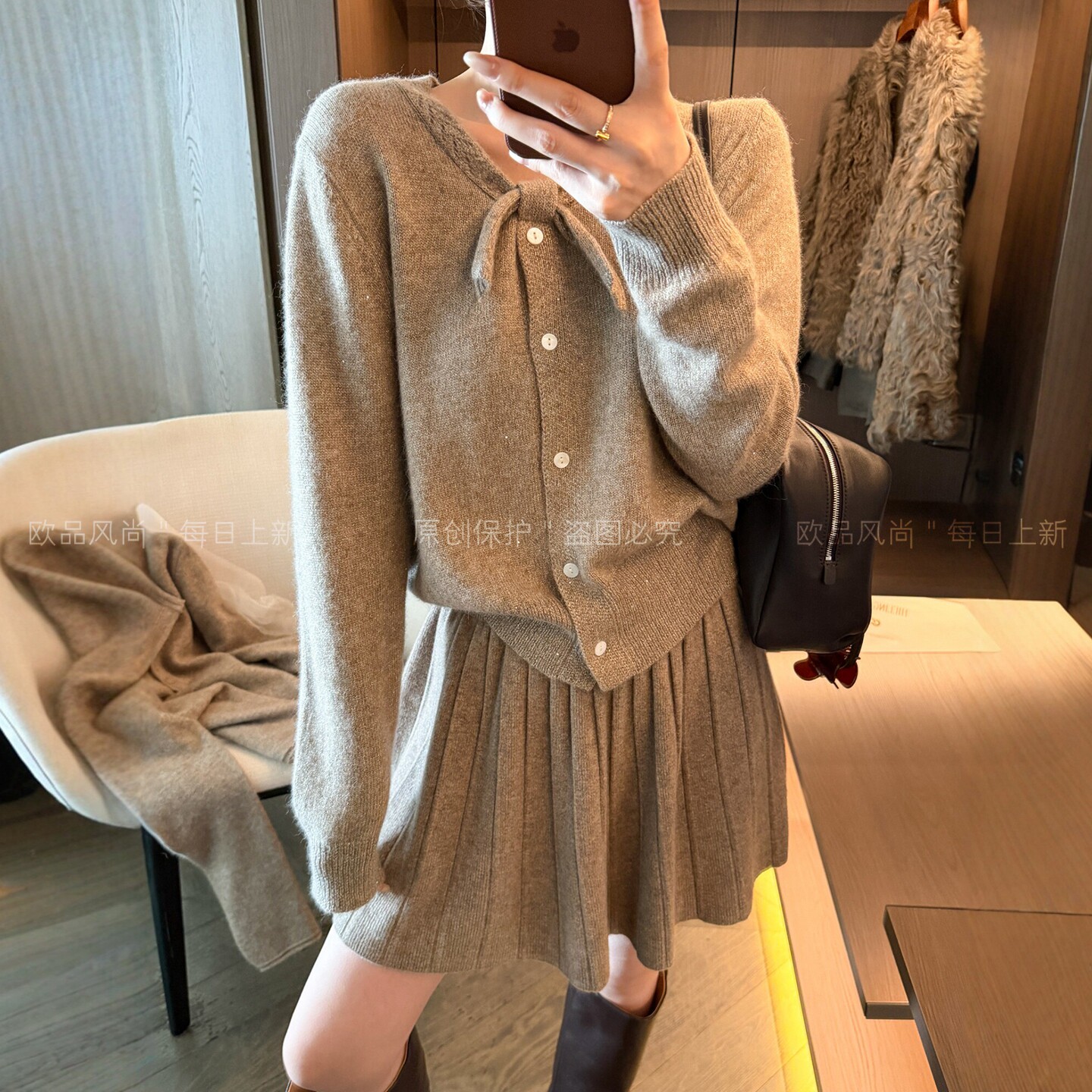 蝴蝶结V领绵羊毛针织开衫女欧货
