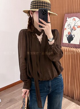 蕾丝拼接飘带V领衬衫女欧货上衣