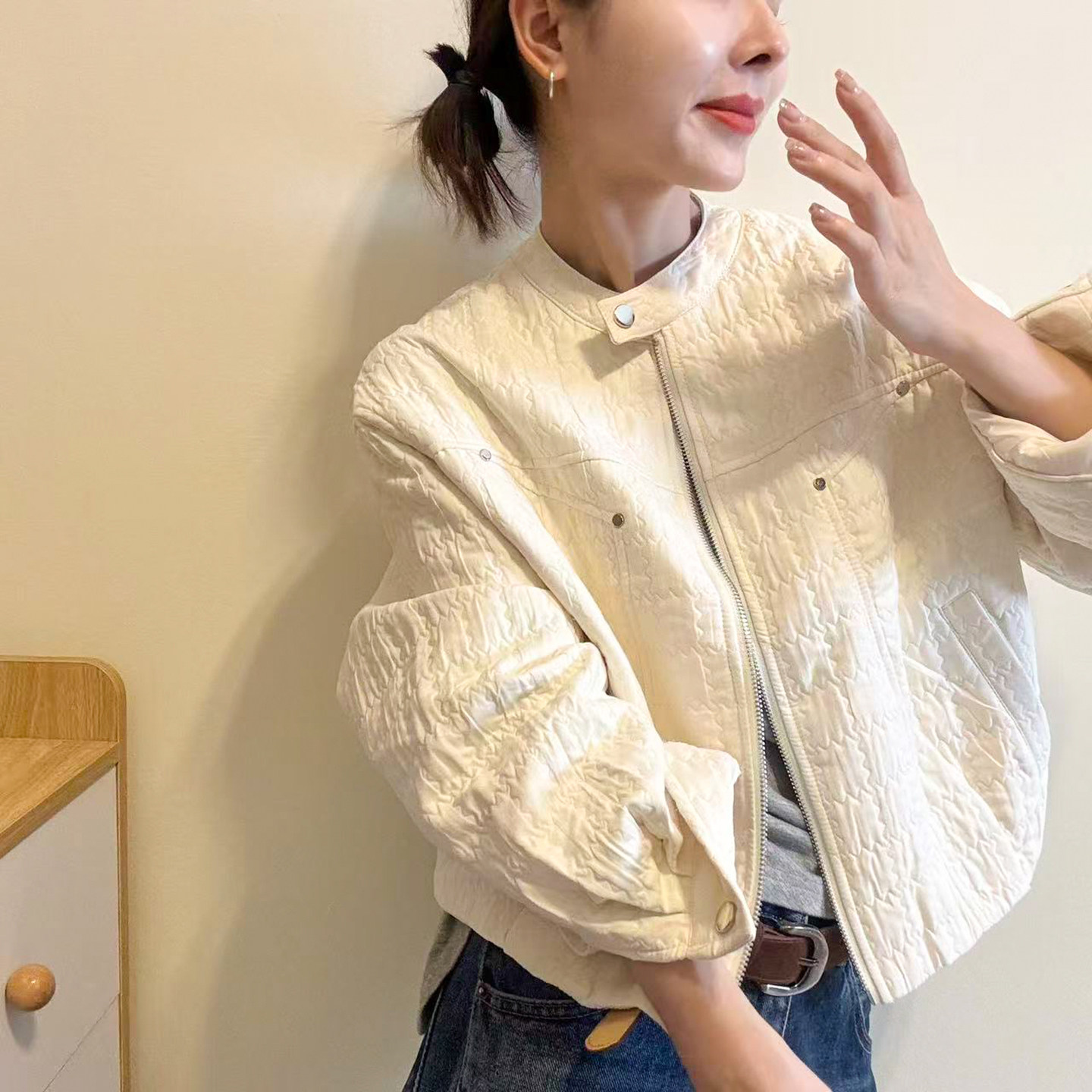 肌理感立领压棉棒球服外套女欧货
