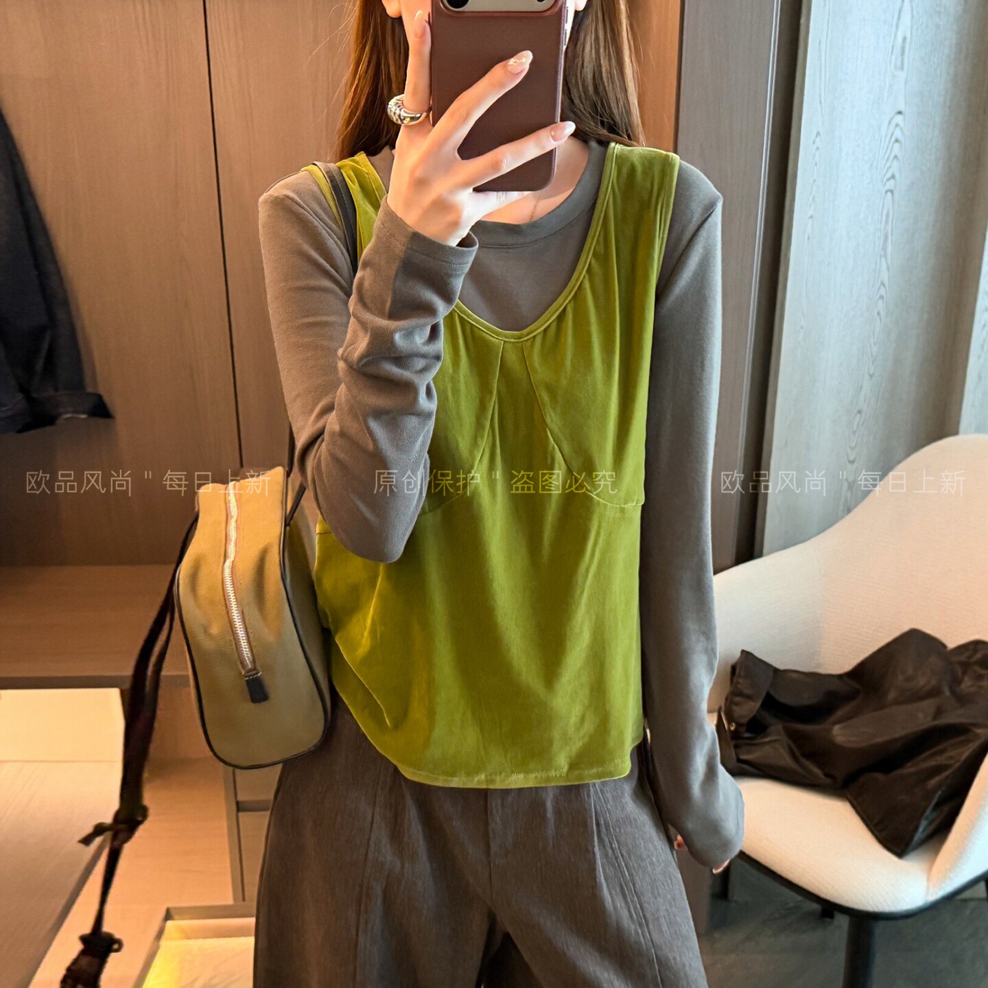 V领马甲背心T恤两件套上衣女欧货