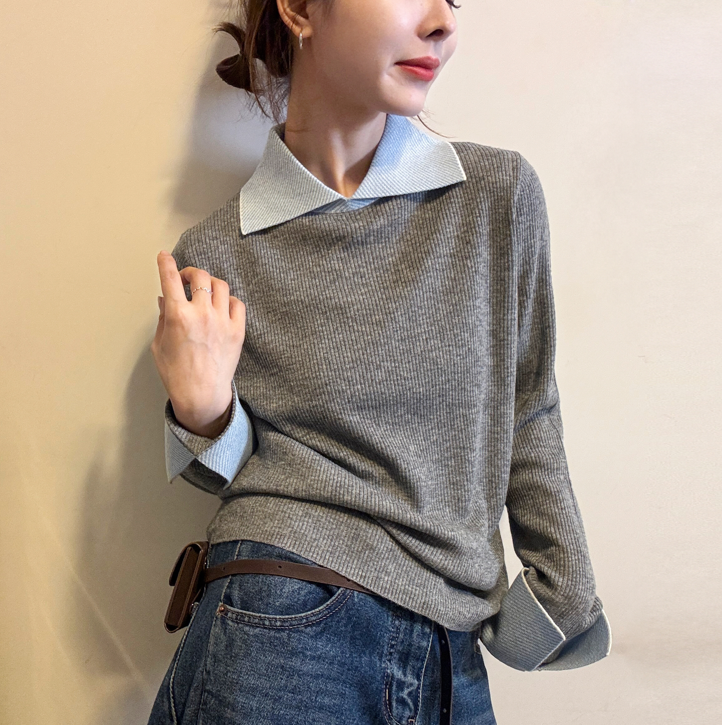 假两件翻领羊毛针织衫女欧货上衣