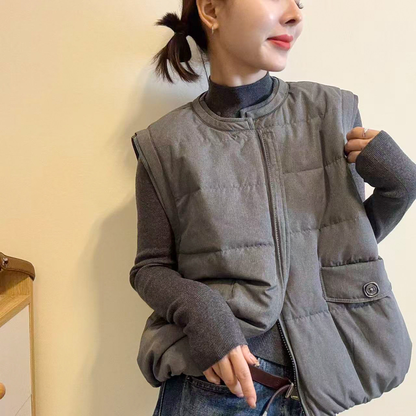 90白鸭绒面包羽绒马甲外套女欧货