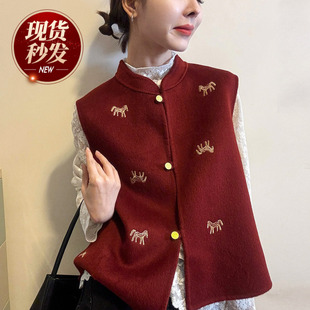 小马刺绣双面羊绒马甲背心女欧洲站2025冬装新款欧货女装短外套潮