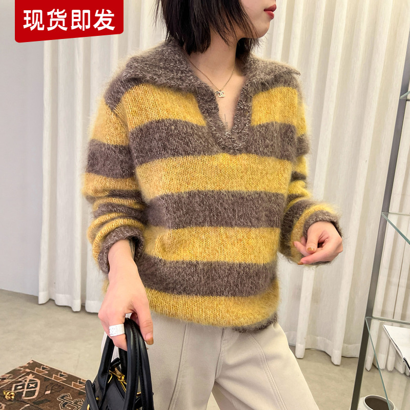 海军领条纹羊绒针织衫女欧货上衣
