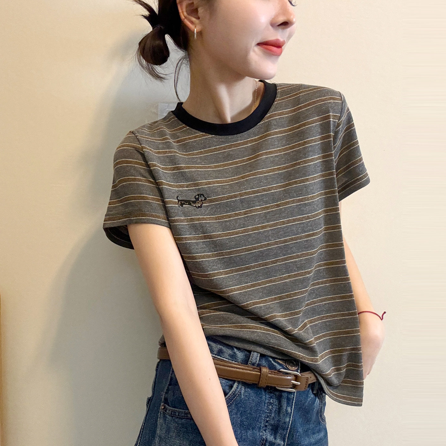 小狗刺绣条纹短袖T恤女欧洲站潮
