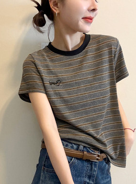 小狗刺绣条纹短袖T恤女欧洲站潮