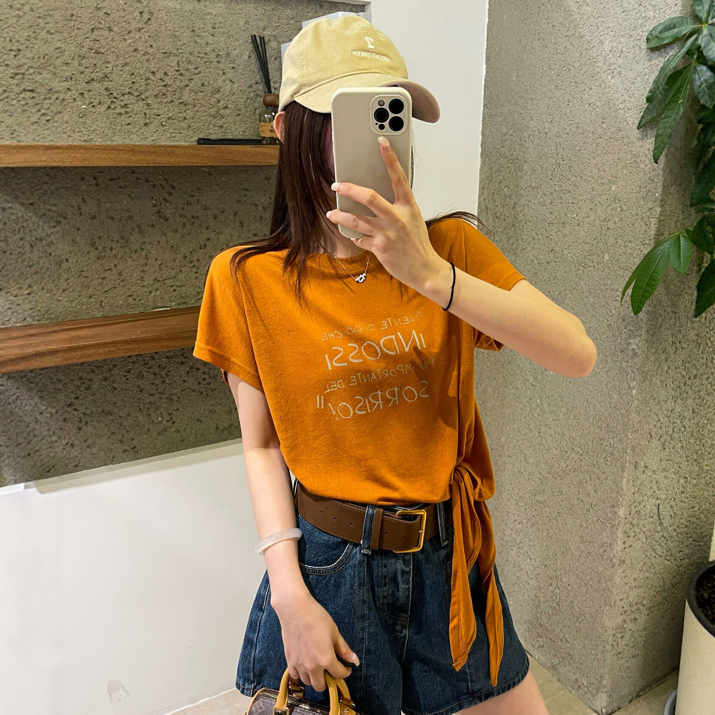 侧边打结印花短袖T恤女欧洲站潮