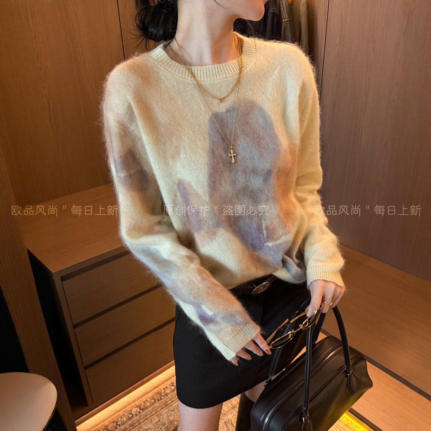 复古印染拉毛羊绒针织衫女欧洲站