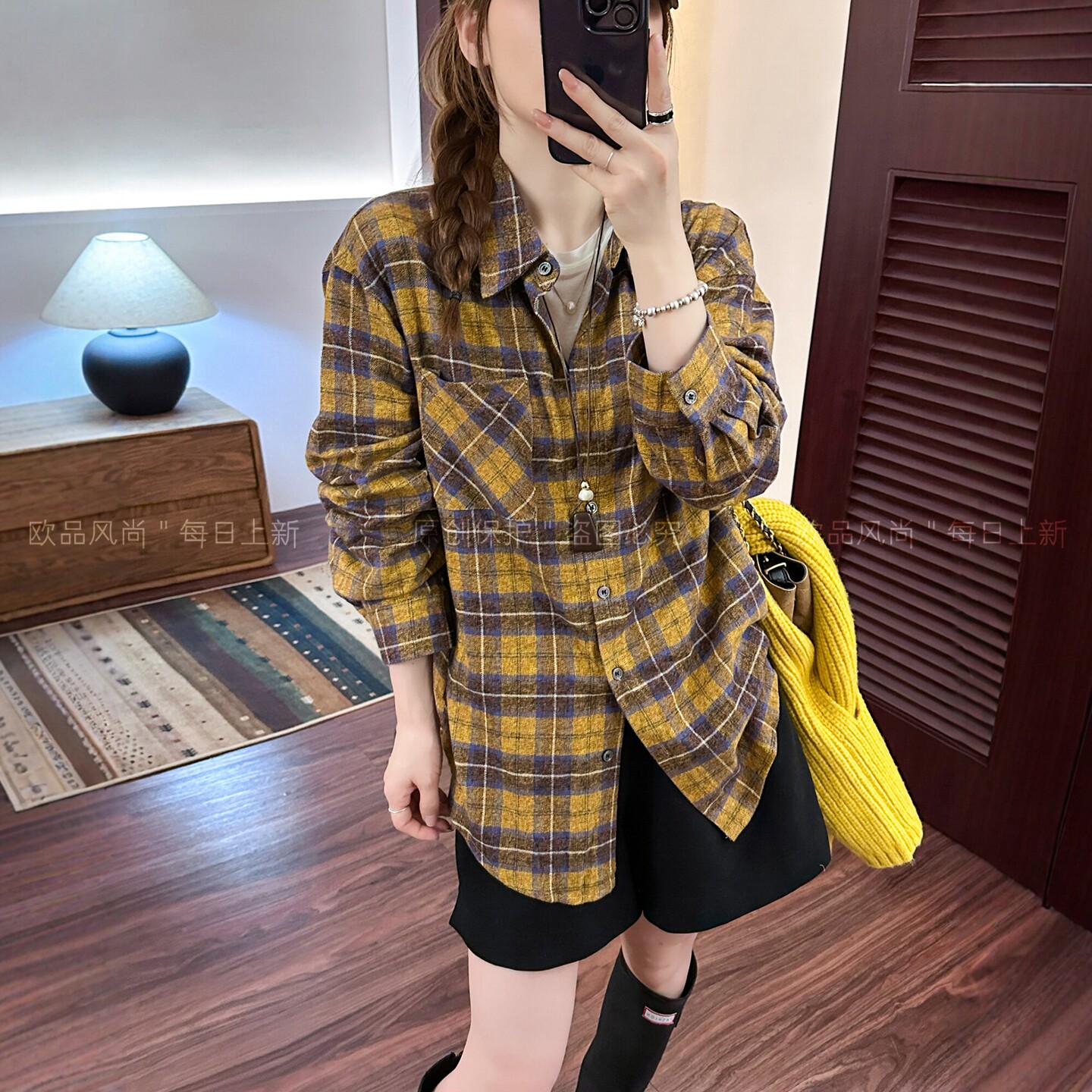 撞色格子POLO领磨毛衬衫女欧洲站