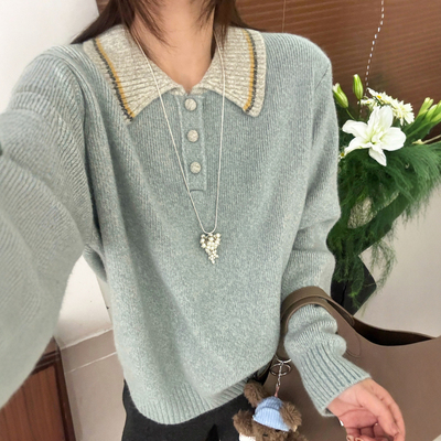 撞色翻领杂线羊毛针织衫女欧洲站