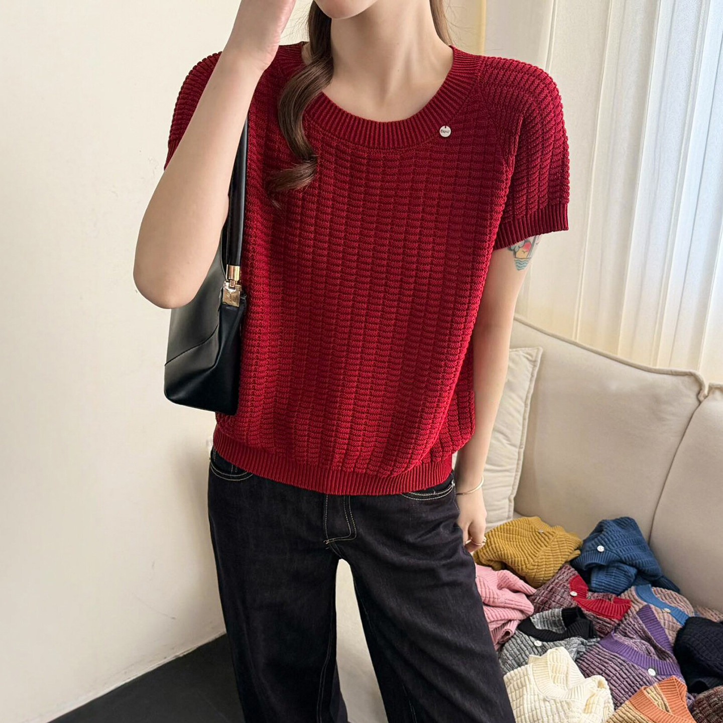 贝壳扣泡泡袖短袖针织衫女欧洲站